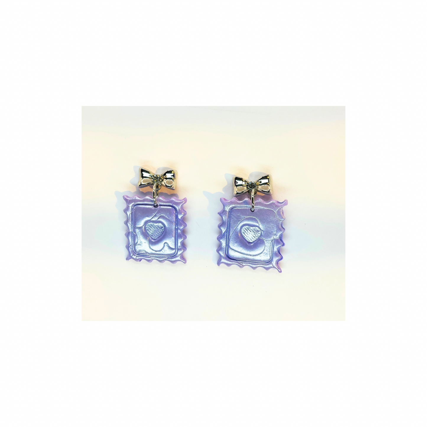 Lilac Iridescent Heart Stamp Dangle with Silver Bow Stud-Crafting By BB