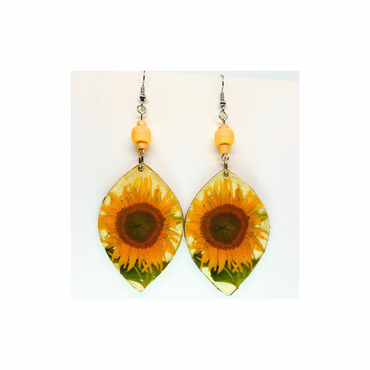 French Garden Collection Teardrop Wood Sunflower Dangle Earring with Yellow Beads and Silver Hooks