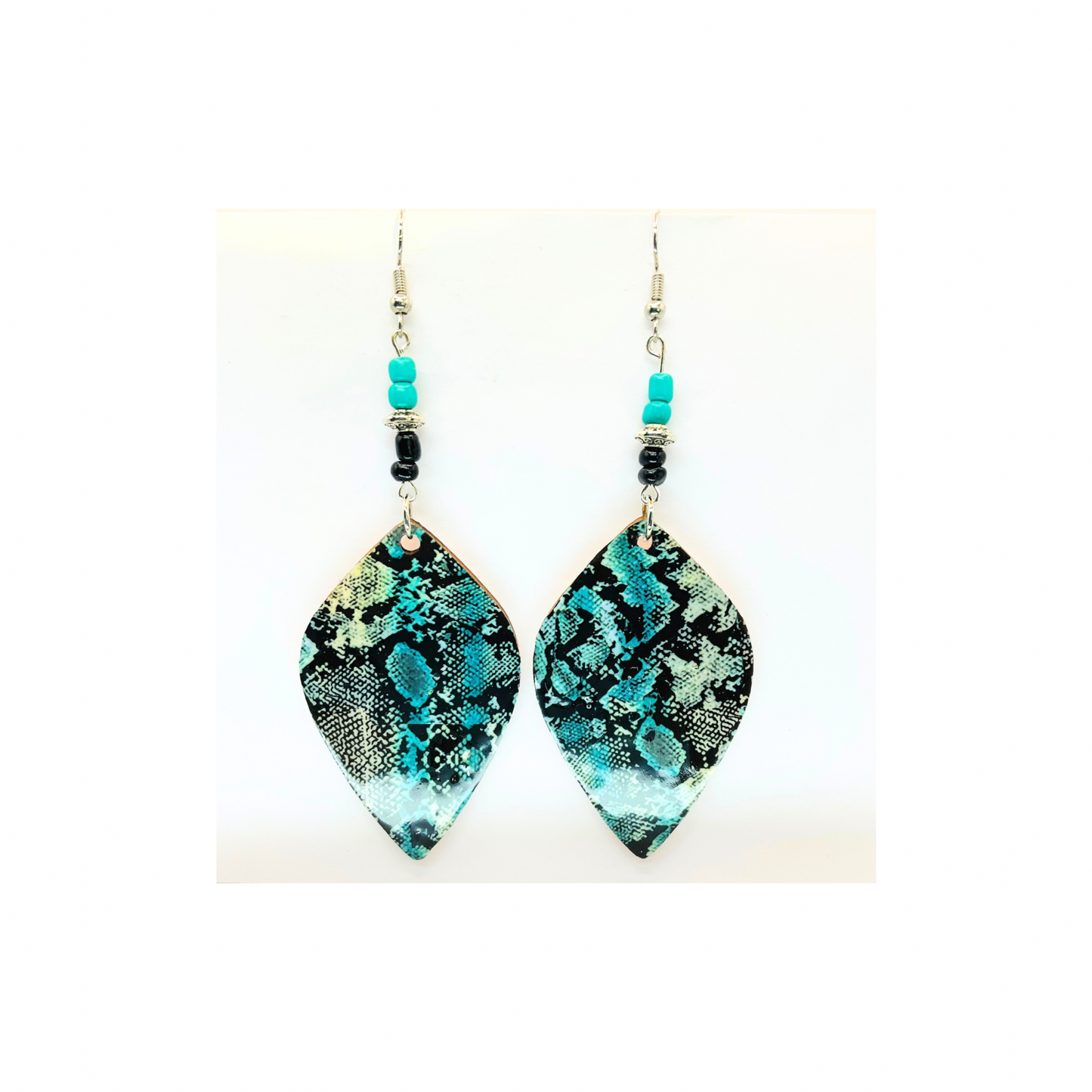 Turquoise and Black Snake Skin Lightweight Wood Dangle Earrings