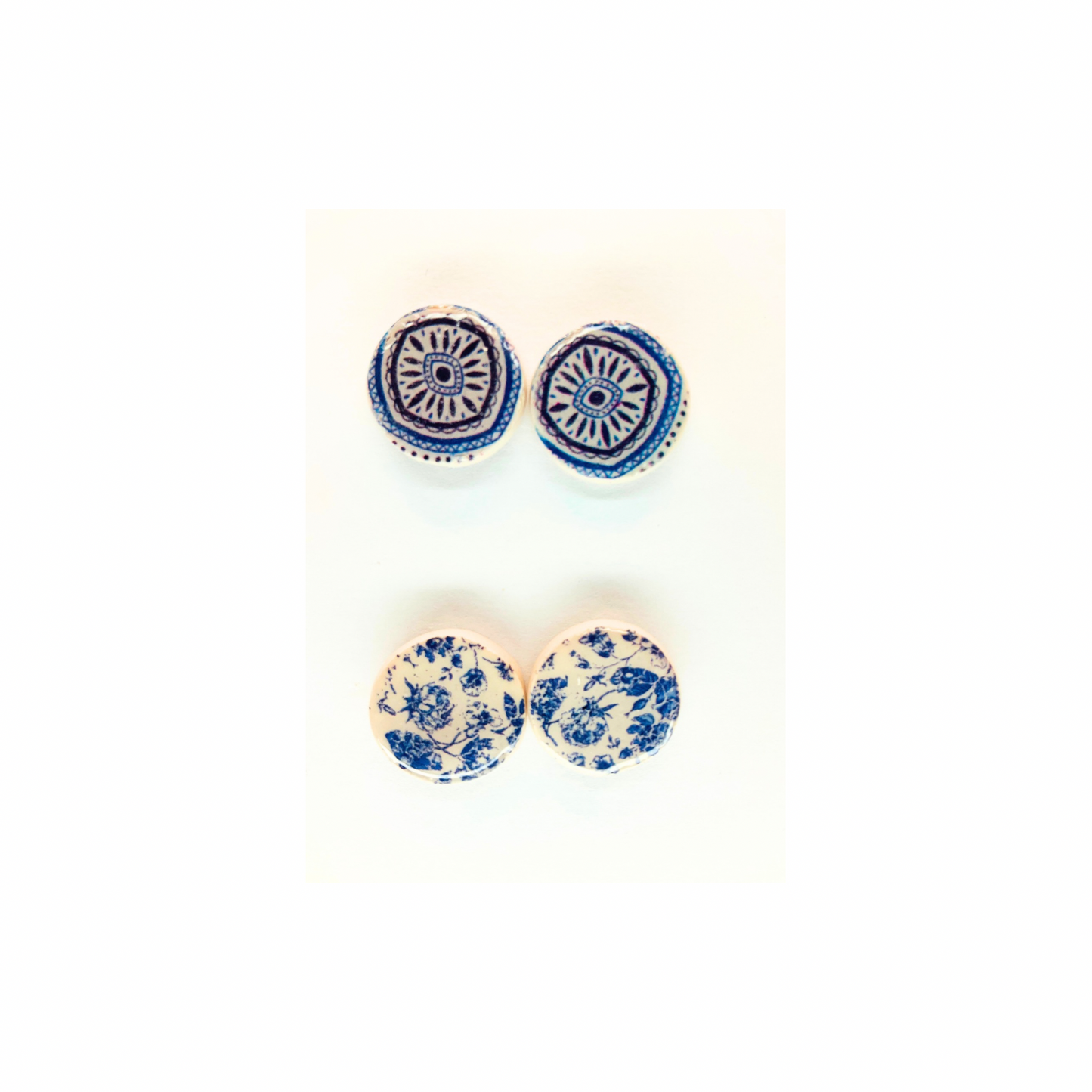 Blue and White Button Tile Stud Earrings