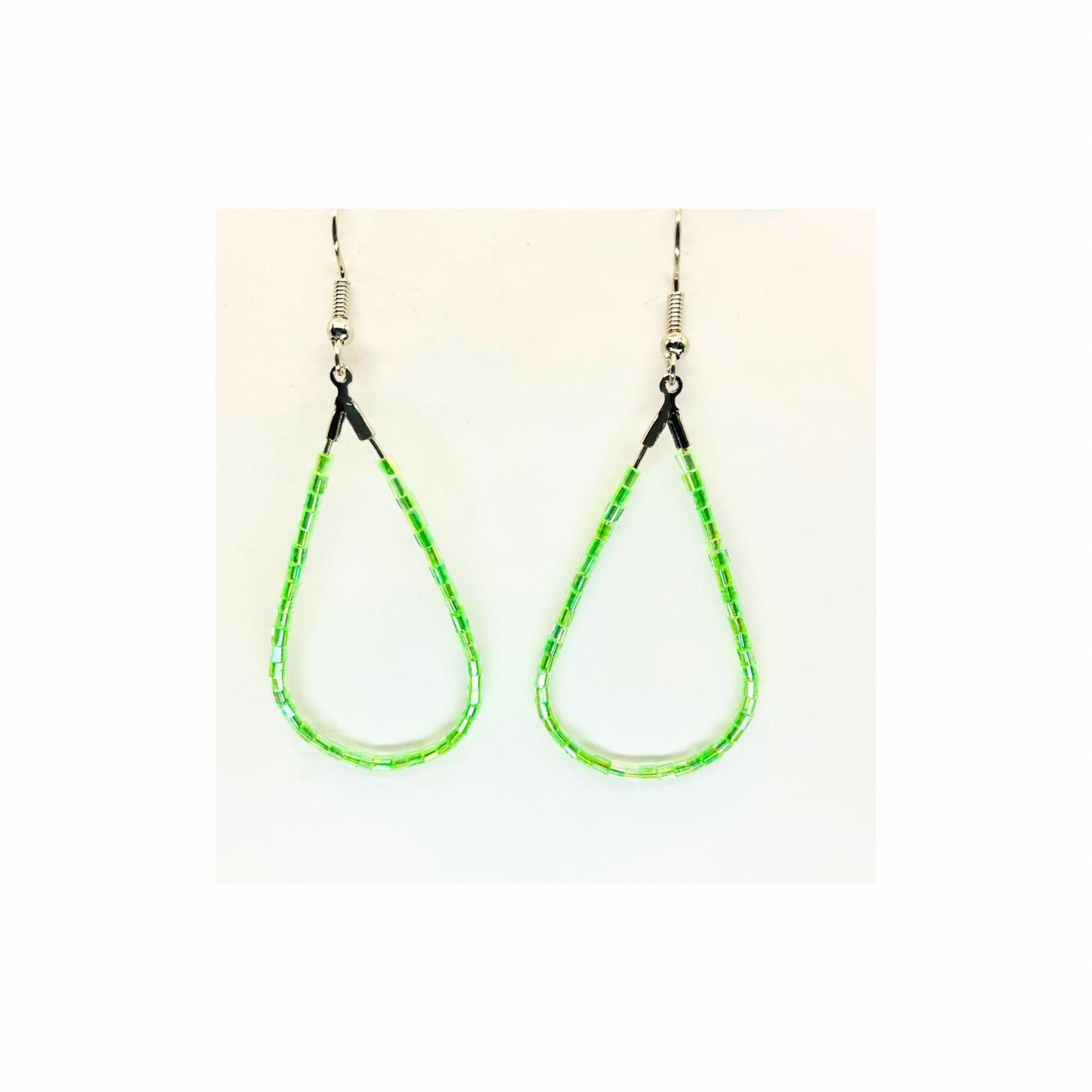 Lime Green Bugle Bead Teardrop Dangle Earring