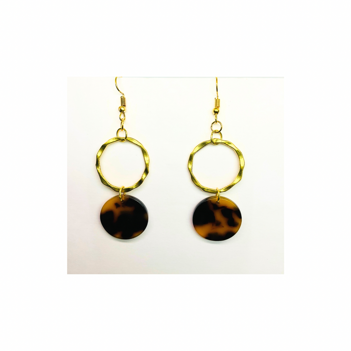 Tortoise Collection Dark Brown Button Dangle Earring - Elegant Gold Hoop & Leopard Disc Design for Women