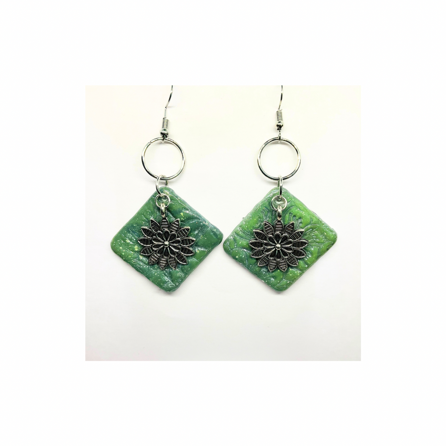 Jade Green Color Square with Silver Flower Charm Dangle Earrings Unique Design Jewelry Accessory for Female