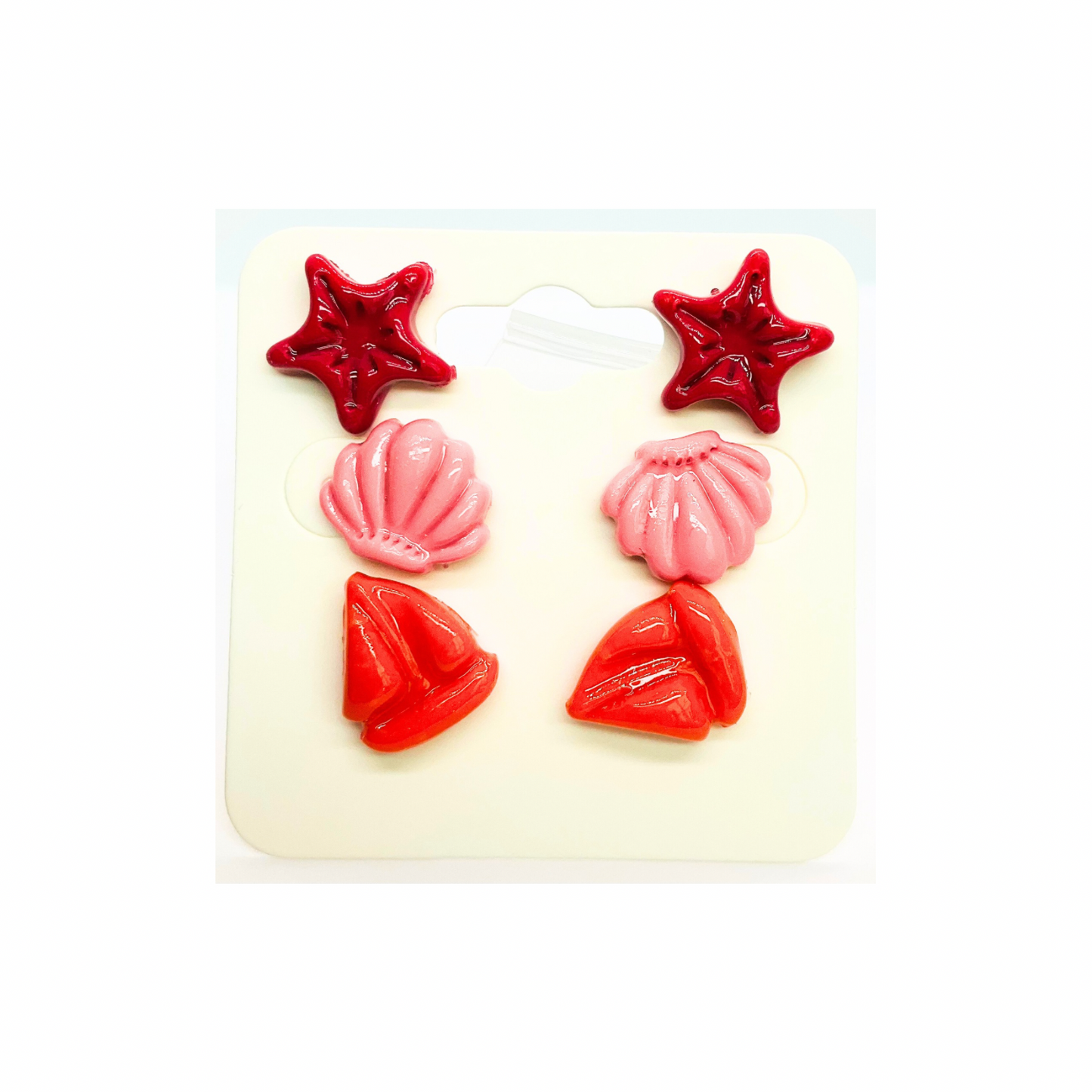 Mermaid Collection Pink Starfish, Light Pink Shell, Orange Sailboat Stud Earrings