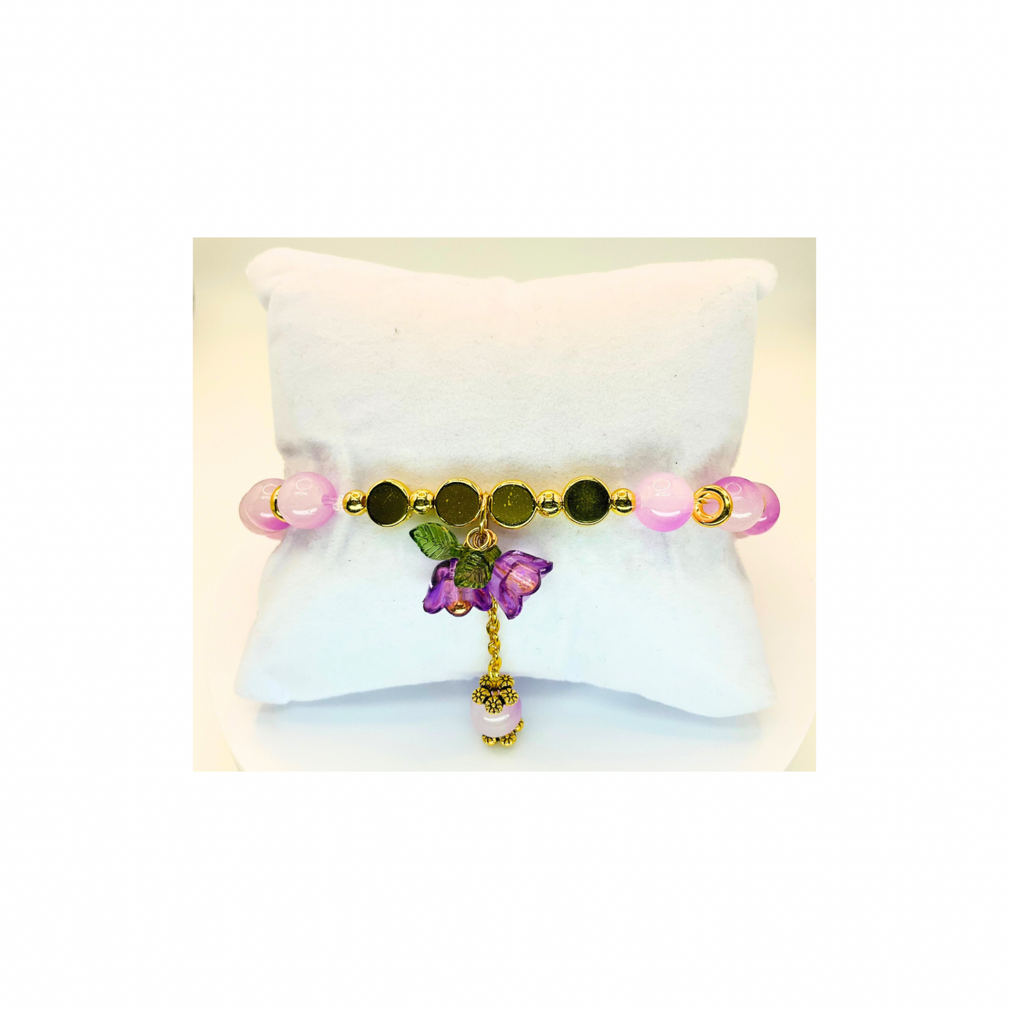 Purple Variegated Beads with Purple Flower Charm Stretch Bracelet