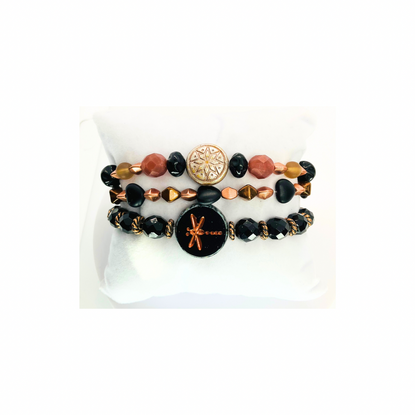 Black and Bronze Dragonfly Stretch Stacked Set of Three Bracelets with Unique Bead Designs and Adjustable Fit for Everyday Wear