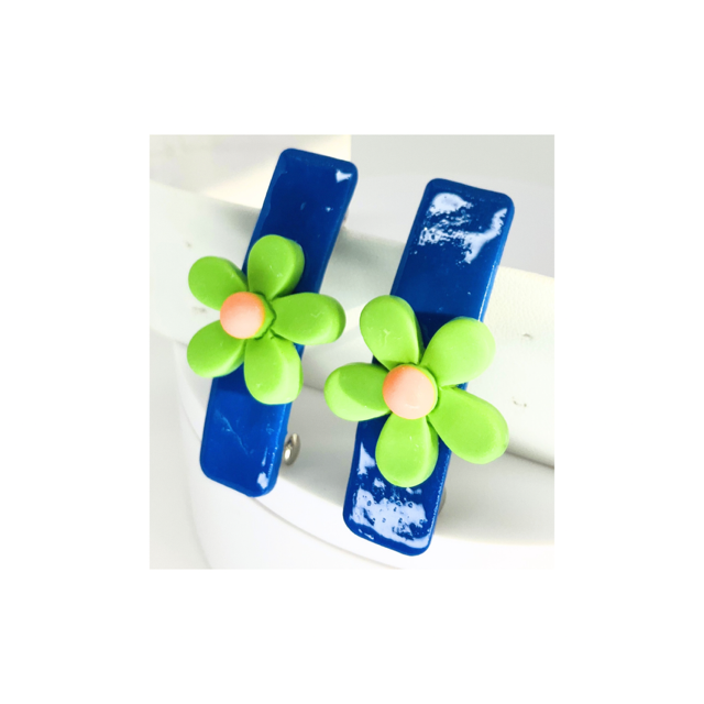 Blue with Green Flower 2-Inch Hair Barrette-Crafting By BB
