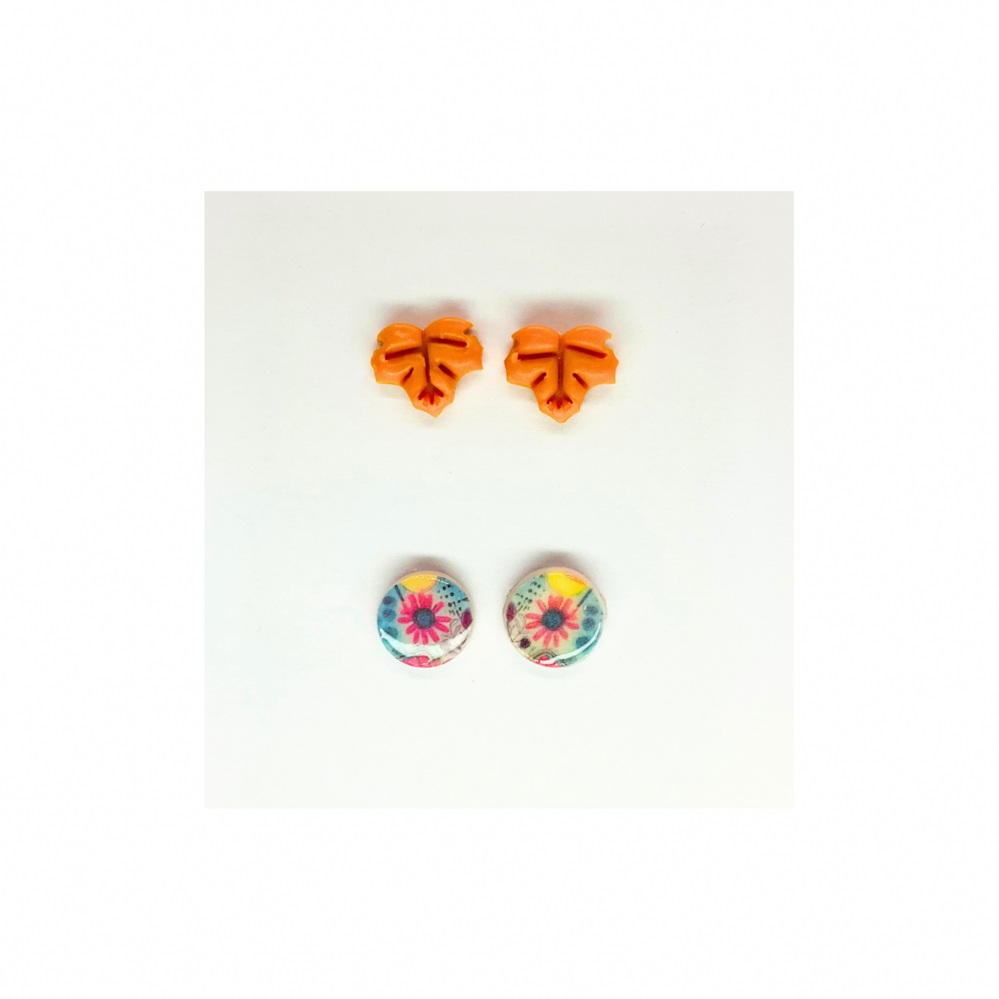 Fall Collection Yellow Leaf and Round Flower Stud Earrings - Yellow Leaves & Colorful Floral Design
