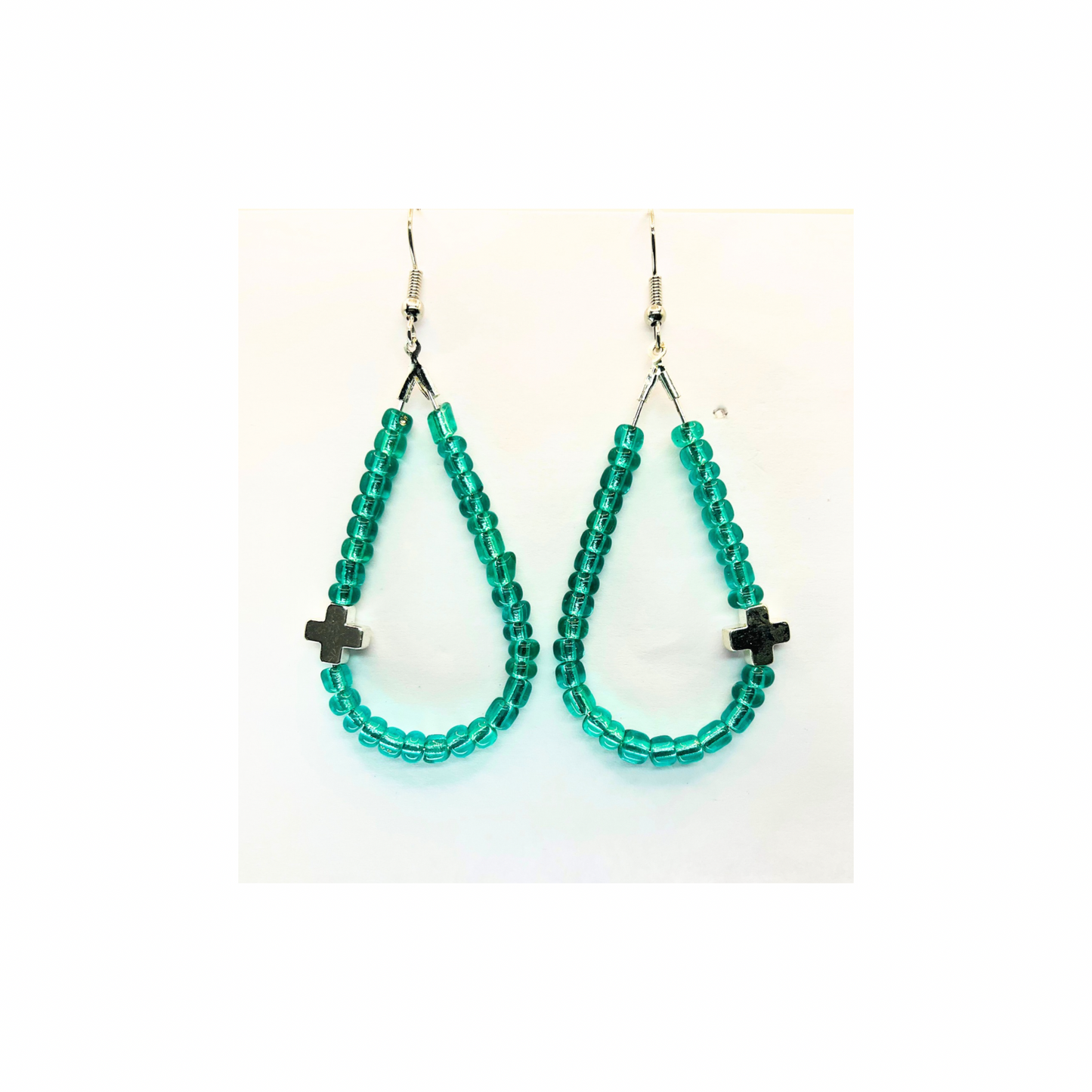 Teardrop  Glass Turquoise Seed Beads with a Silver Cross