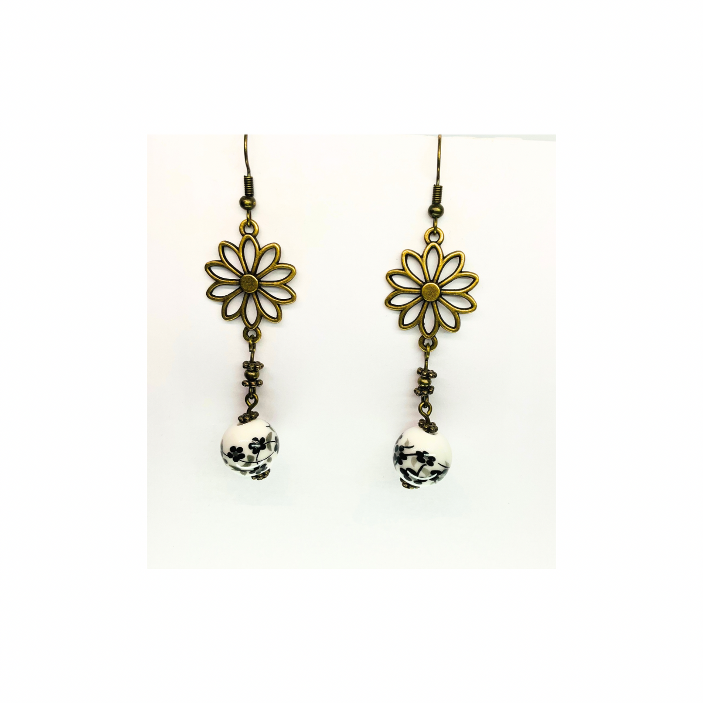 Porcelain Bead Collection Daisy Bronze Dangle Earrings with Floral Design and Porcelain Beads