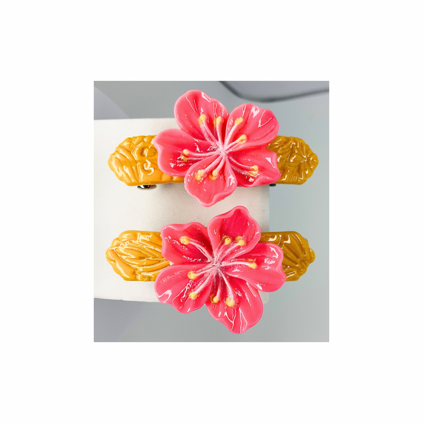 Yellow Hair Barrette with Pink Flower-Crafting By BB