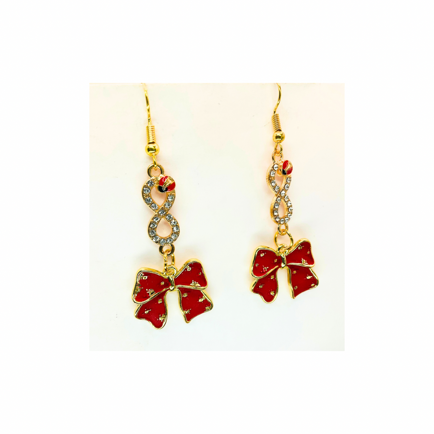 Red and Gold Bow with Ladybug Rhinestone Dangle Earring