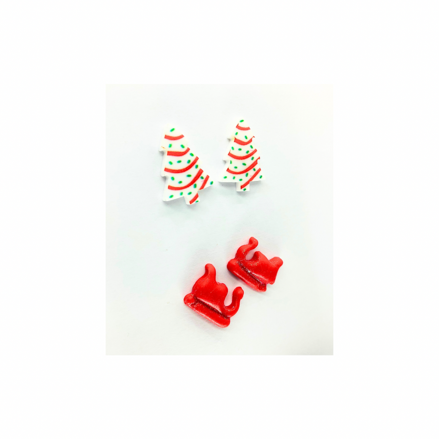 Debbie Cake Tree and Red Sleigh Stud Earrings Festive Christmas Design for Holiday Wear
