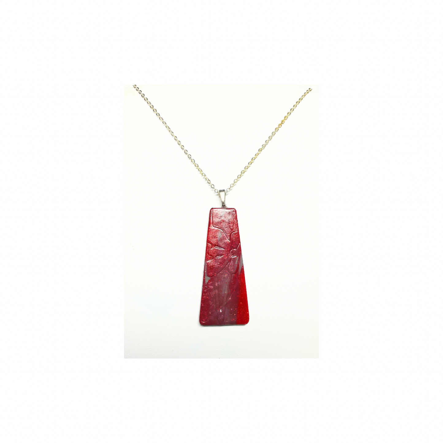 Handmade Red Polymer Clay Pendant with Pressed Flower Impressions on 18-inch Silver Chain Unique & Quality Crafted Jewelry