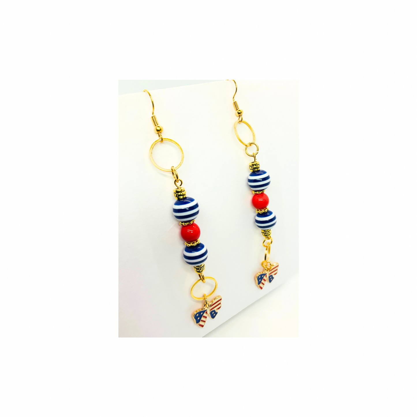 Patriotic Collection Long Beads with Bow Charm Dangle Earrings Red White Blue Striped Beads Gold Accents