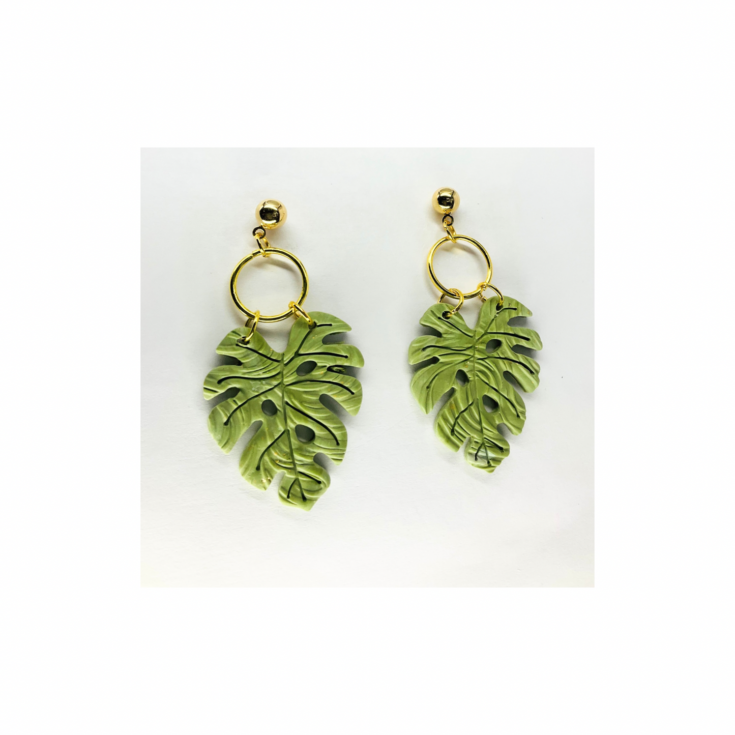 Green Leaf Dangle with Gold Ball Stud Earring-Crafting By BB