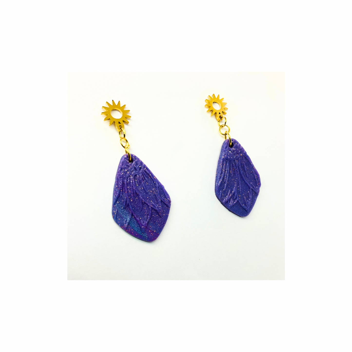 Purple Sunflower Dangle Earrings with Gold Stud