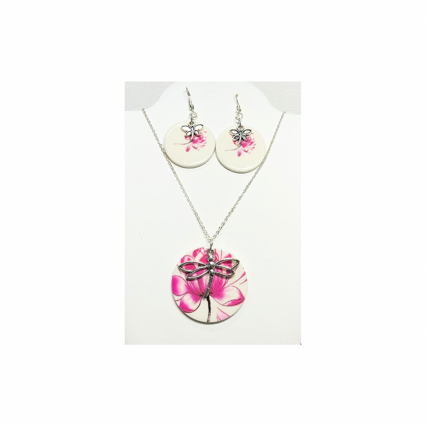 Lotus Flower Earrings and Pendant with Dragonfly Charms