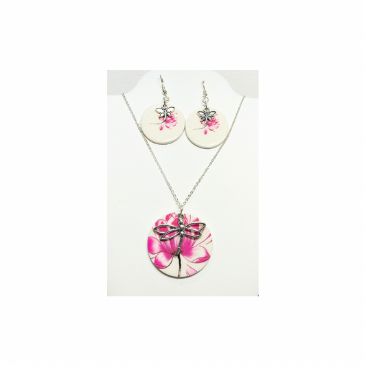 Lotus Flower Earrings and Pendant with Dragonfly Charms