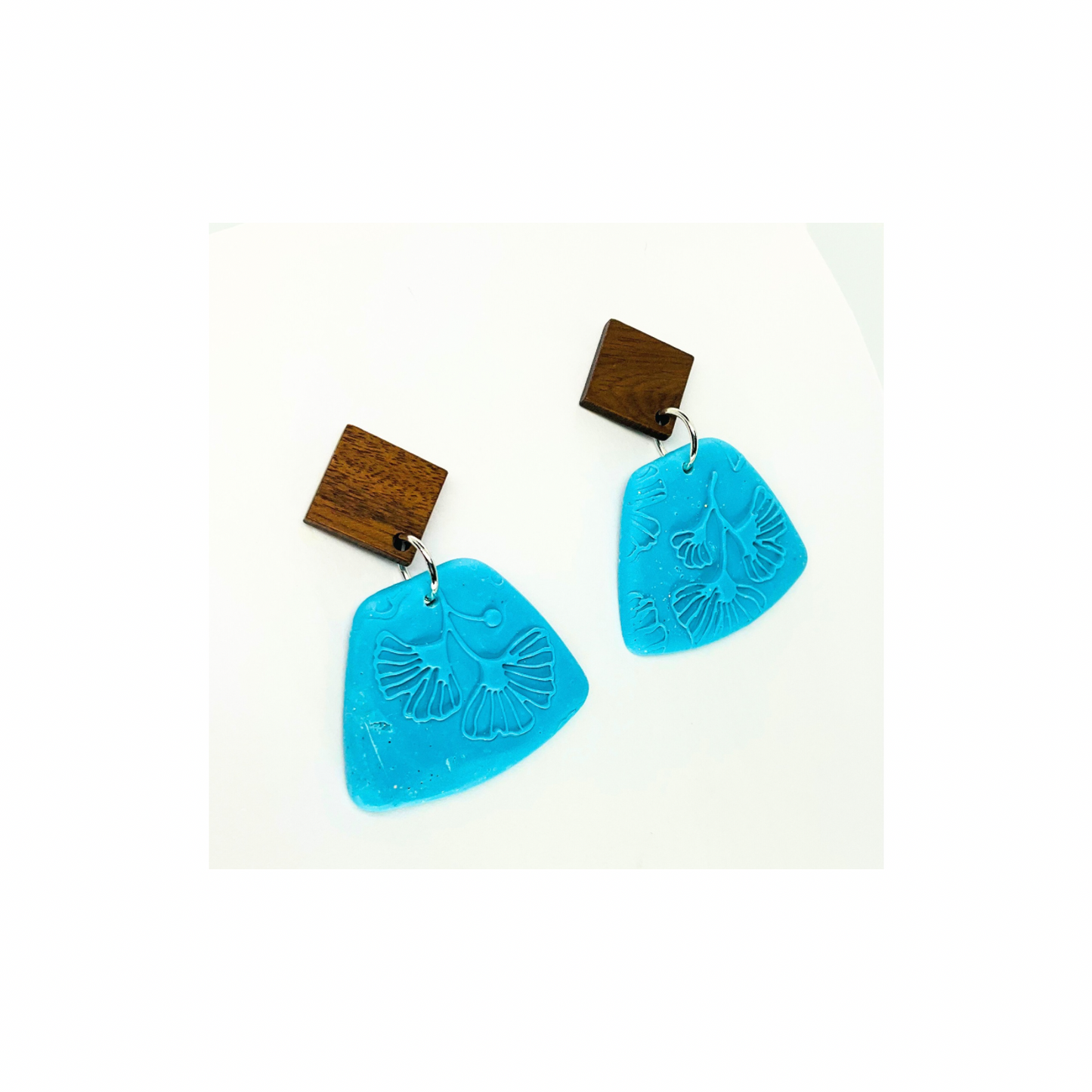 Turquoise Blue Leaf with Wood Stud Dangle Earring - Unique Design Earrings Featuring Leaf Motif and Wooden Accent