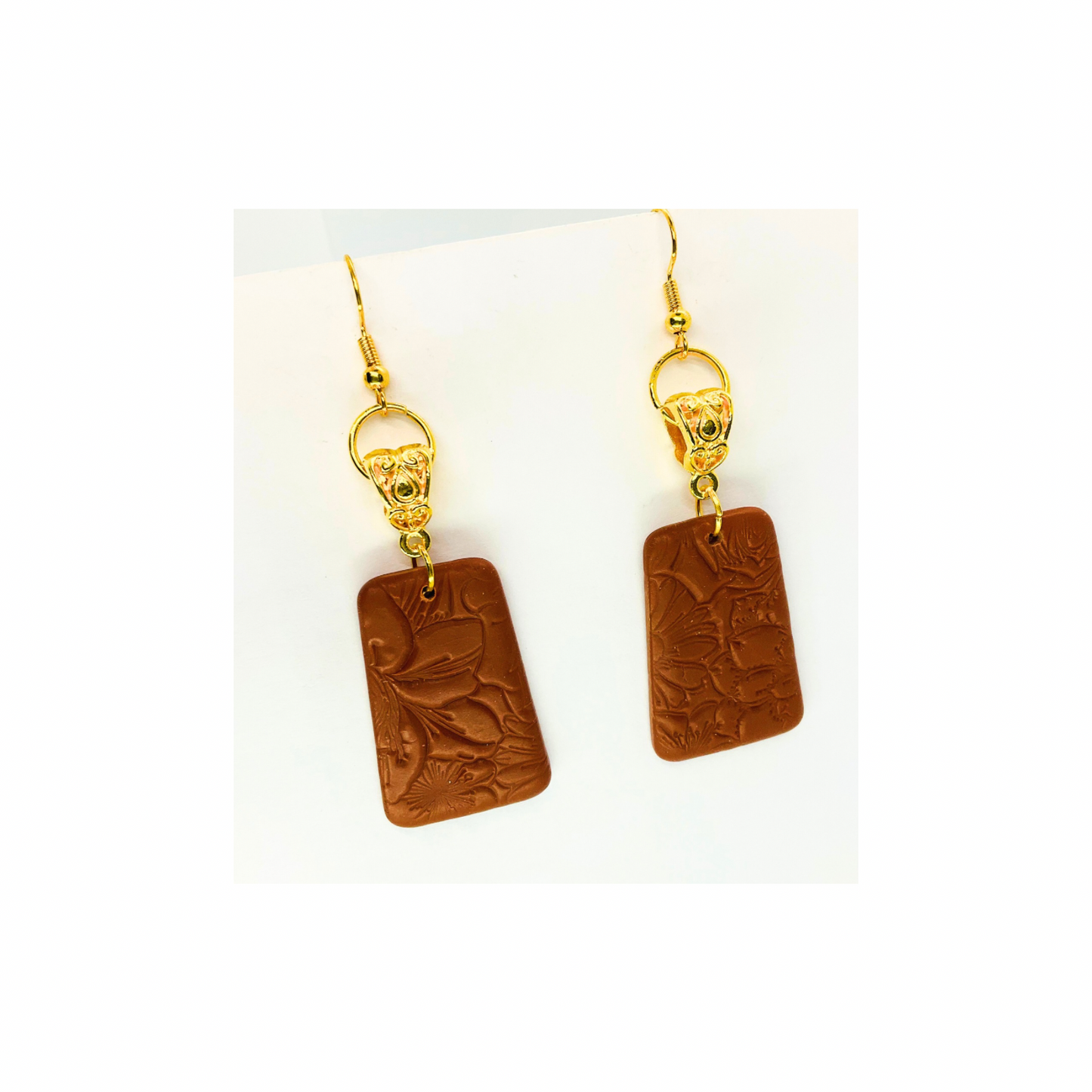 Leather Look Bronze with Gold Hoop Dangle Earrings - Rectangular Design & Gold Hooks