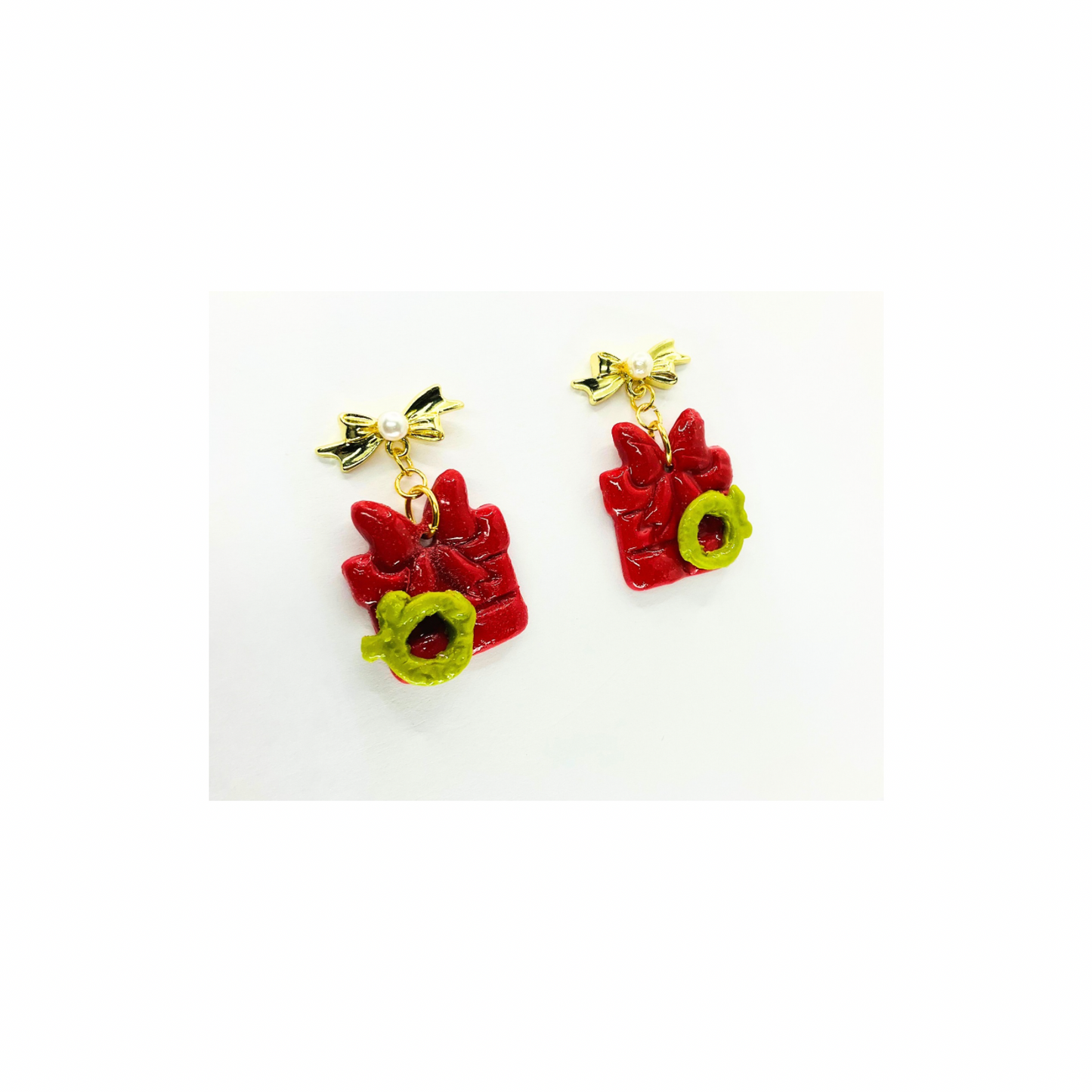 Christmas Gift Earrings: Red Present with Gold Bow, Holiday Dangles