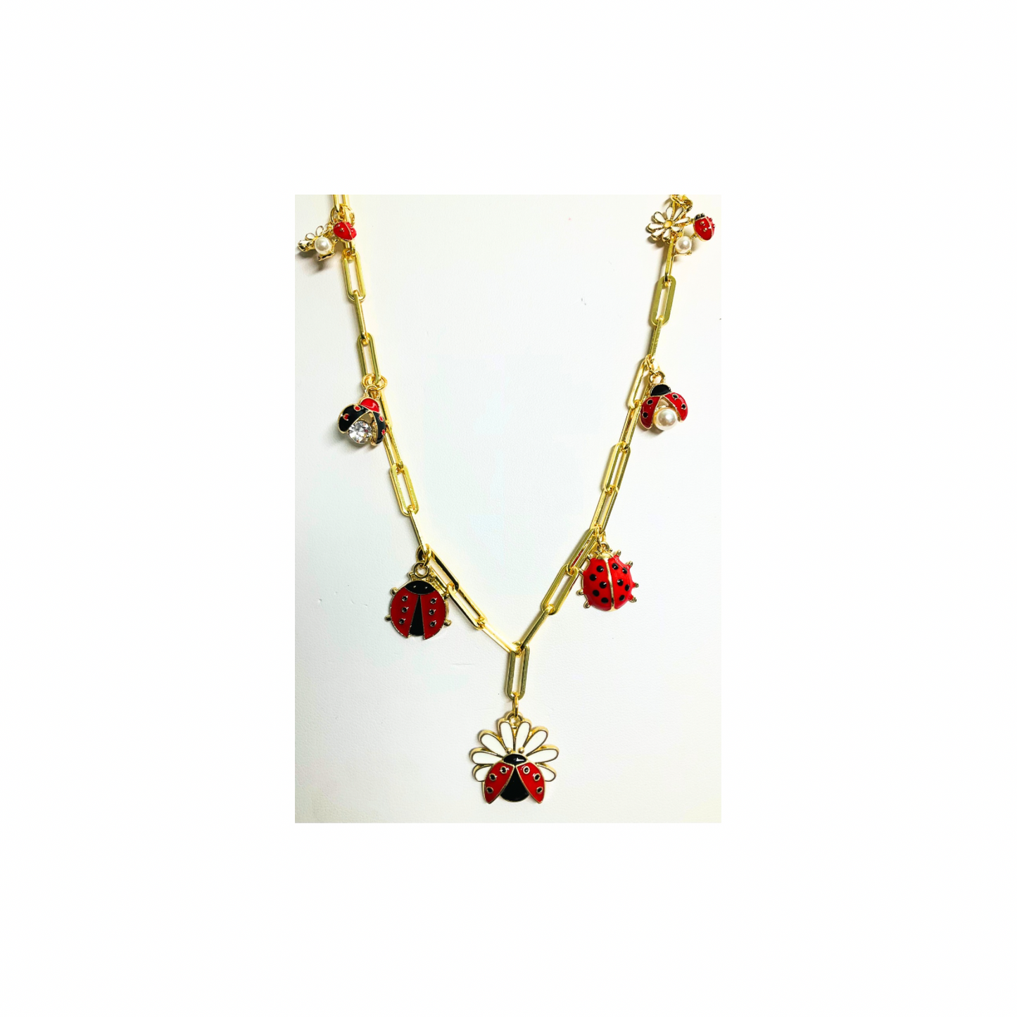 Gold Paperclip Chain Ladybug 18-inch Charm Necklace with Red Beads and Floral Accents for Women