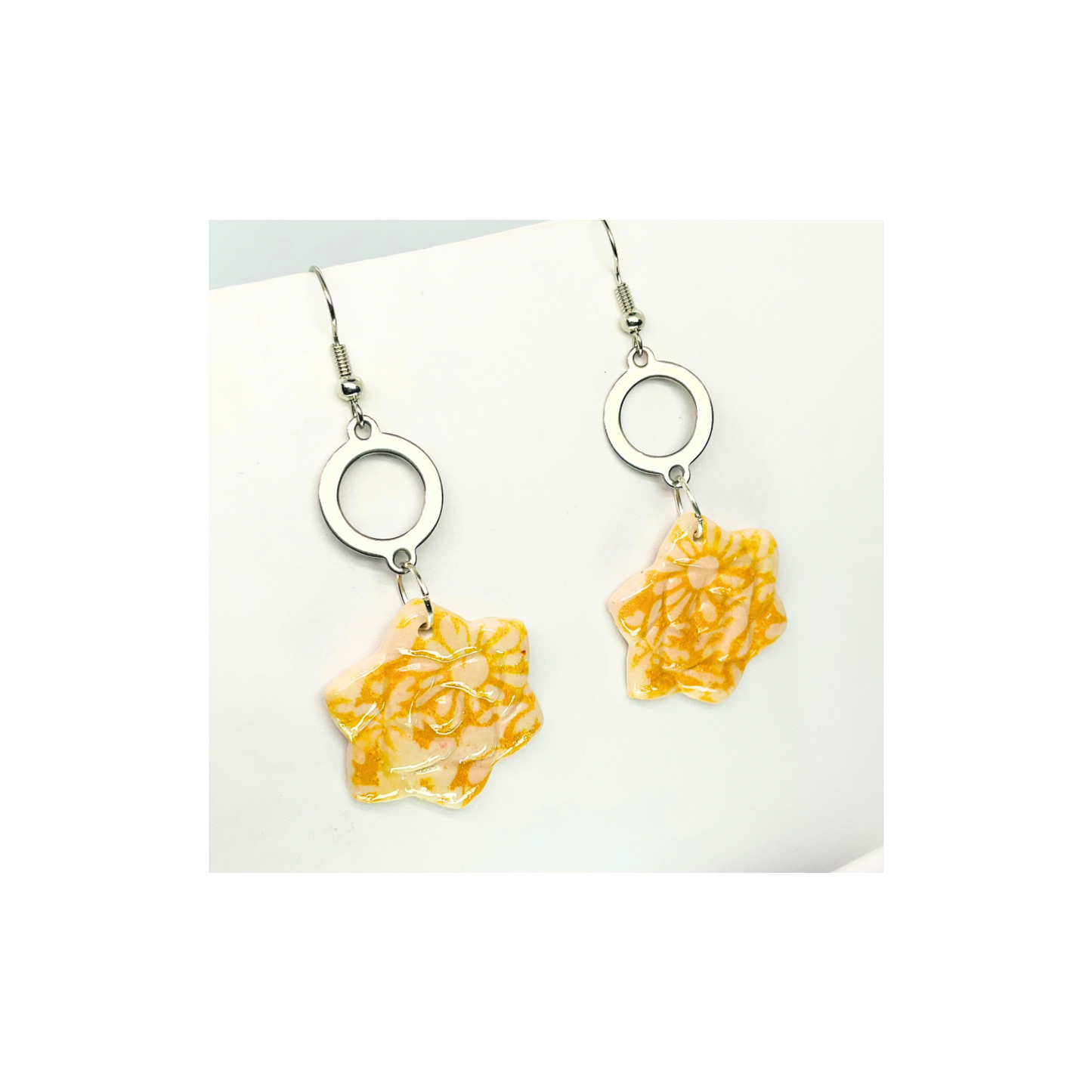 Beach Bloom Collection Yellow Star Shape Dangle Earrings with Floral Design and Silver Rings