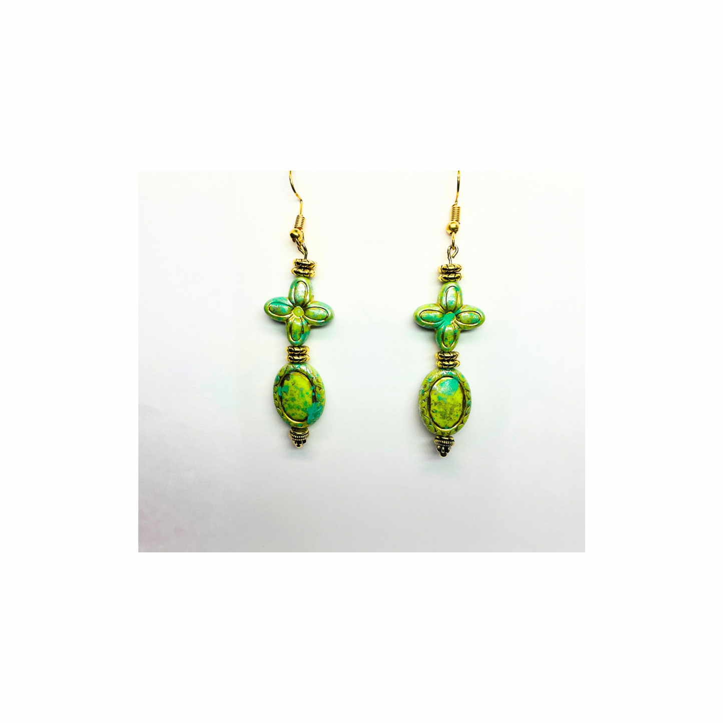 Green and Gold Czech Acrylic Vintage Blossom Bead Earrings