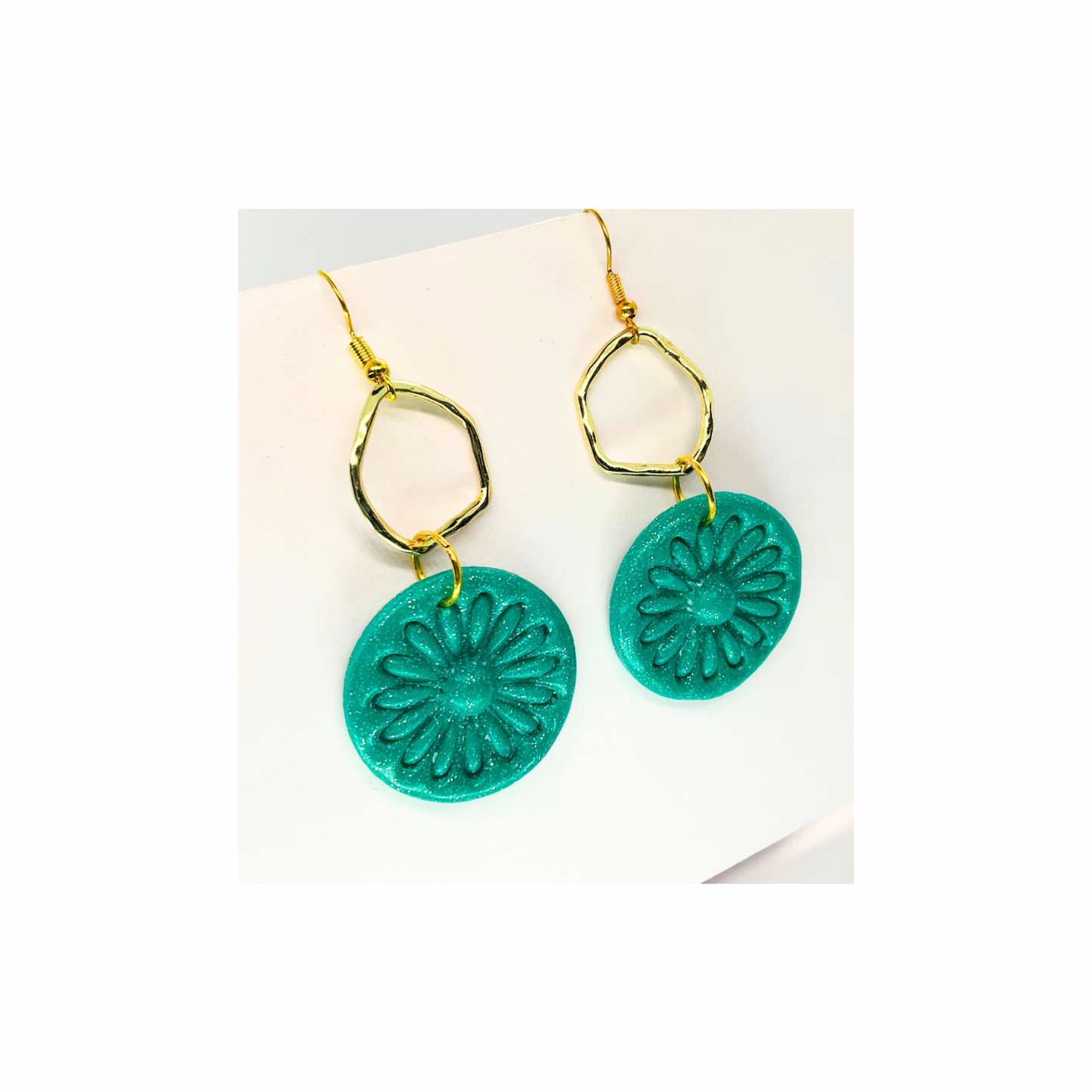 Teal Green Sparkle Circle with Gold Accent Dangle Earrings - Teal Color Floral Design Jewelry Accessory