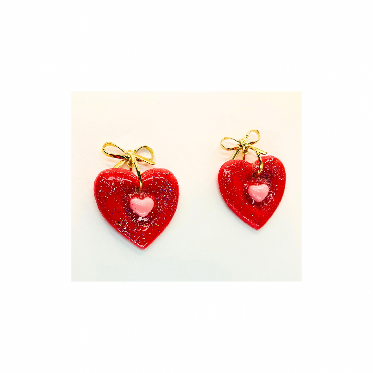 Red Heart with Pink Heart and Gold Bow Stud Dangle Earring
