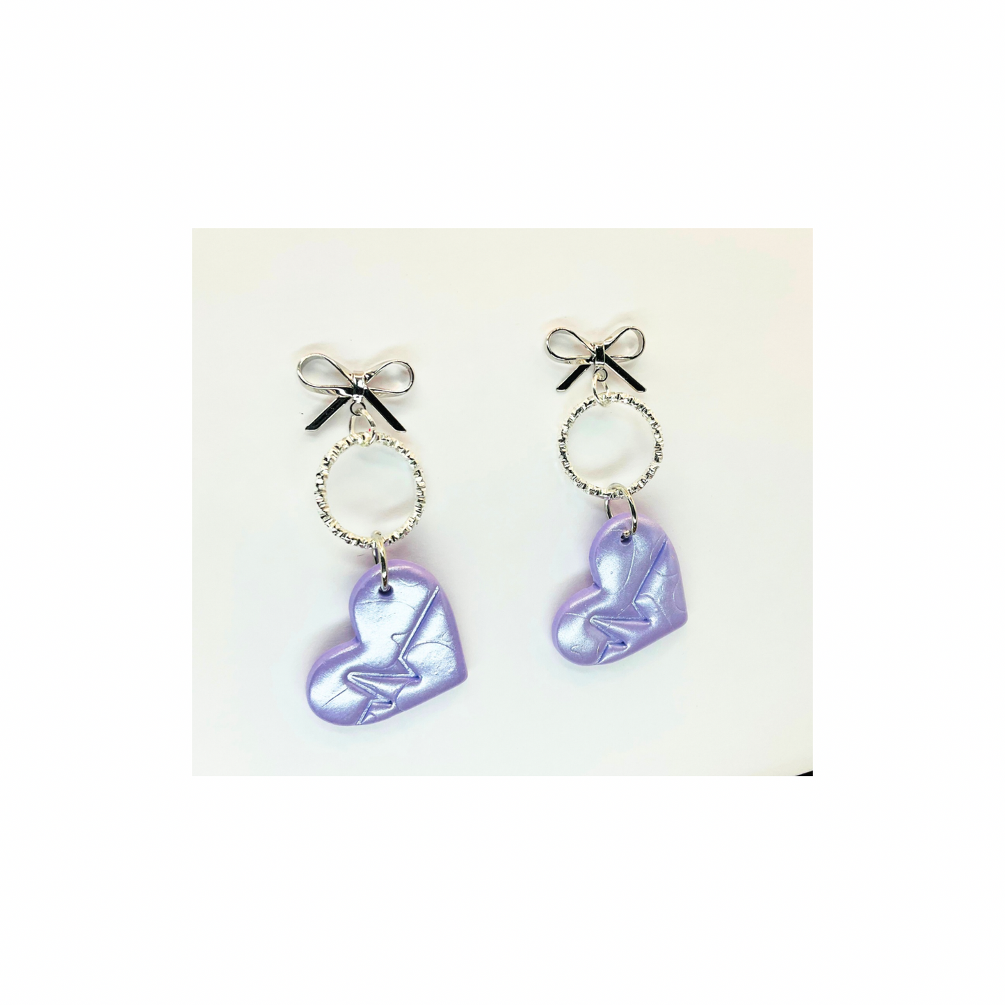 Light Purple Iridescent Heart Dangle with Silver Stud Bow Earrings