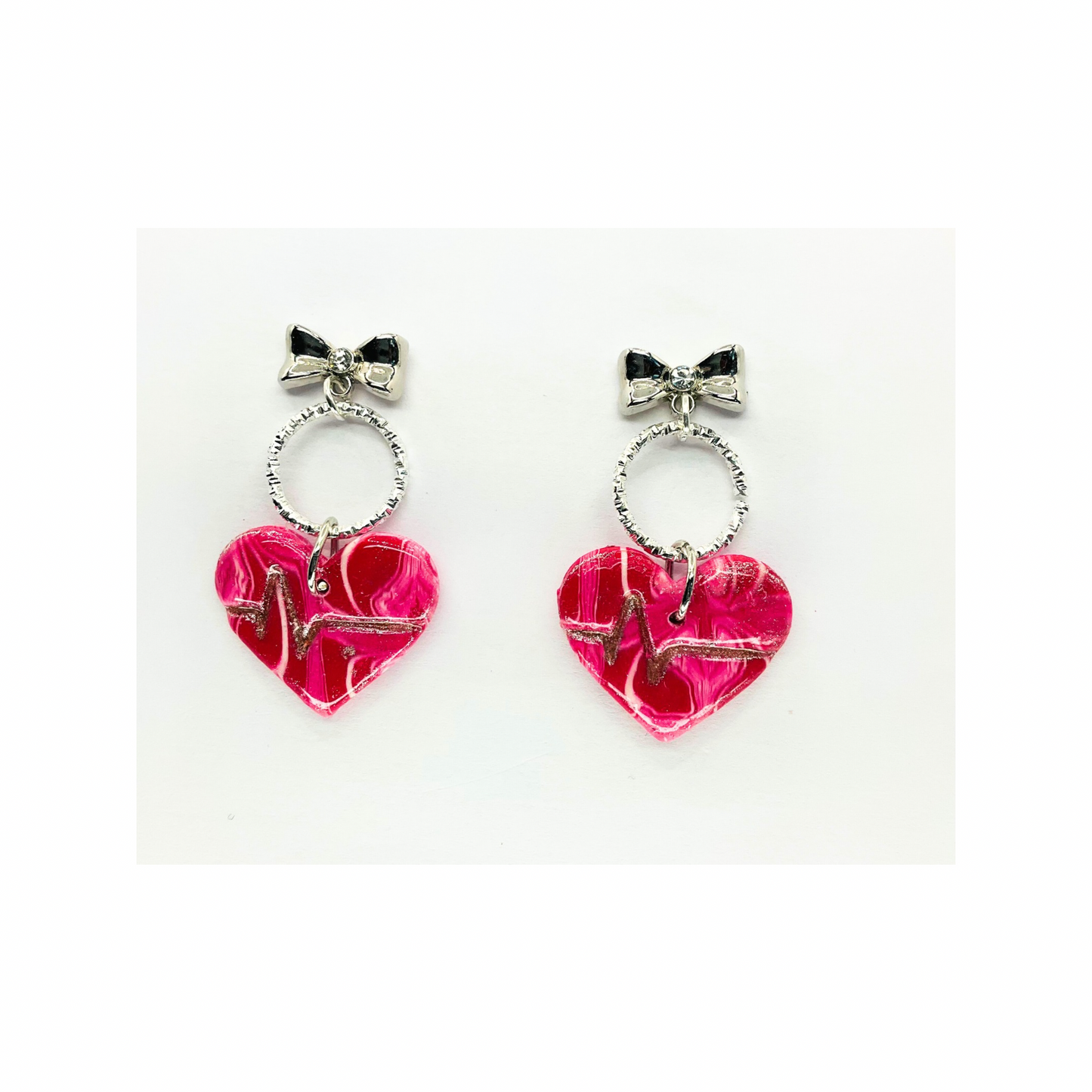 Earrings Featuring Marble Pink Silver Heart with Round Loop and Silver Bow Stud Earrings