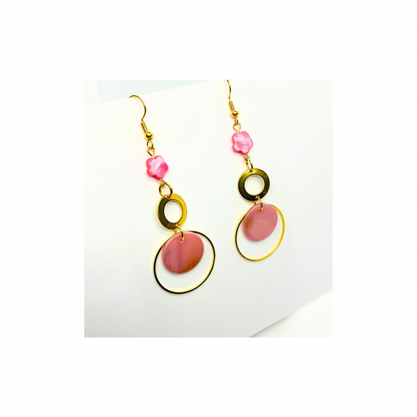 Pink Shell Collection Pink Circle with Gold and a Pink Bead Dangle Earrings for Female Fashion Jewelry