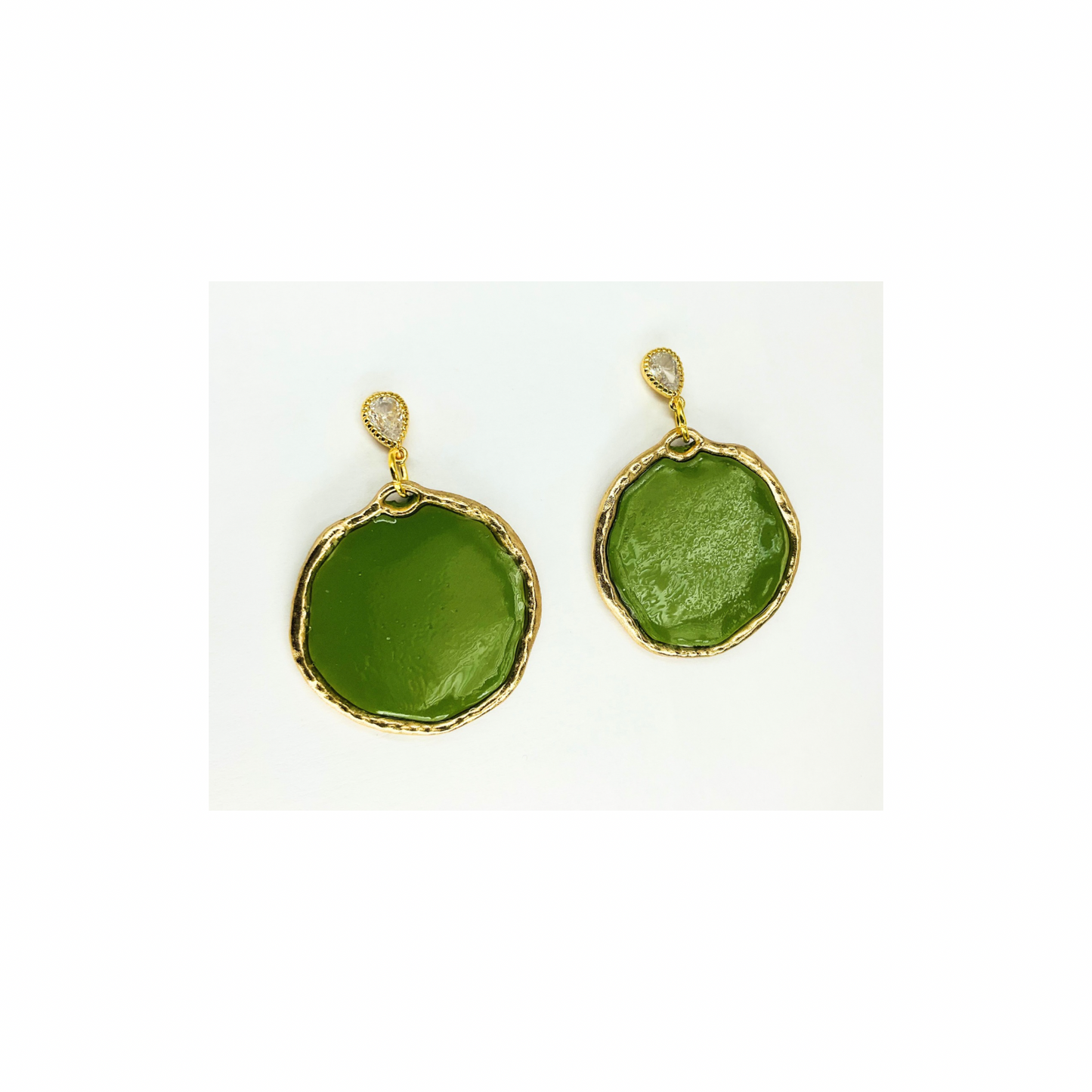 Olive Green and Gold Circle Dangle with Teardrop Rhinestone Stud Earrings-Crafting By BB
