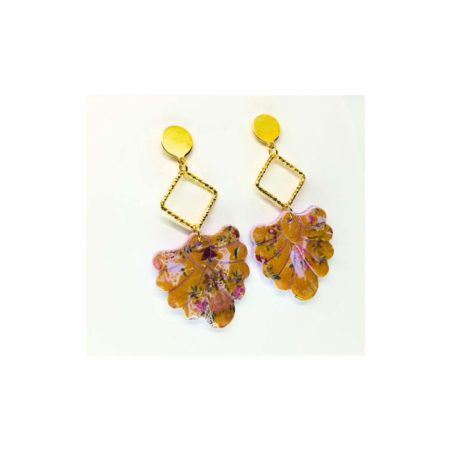 French Garden Beige and Purple Dangle with Gold Stud Earrings