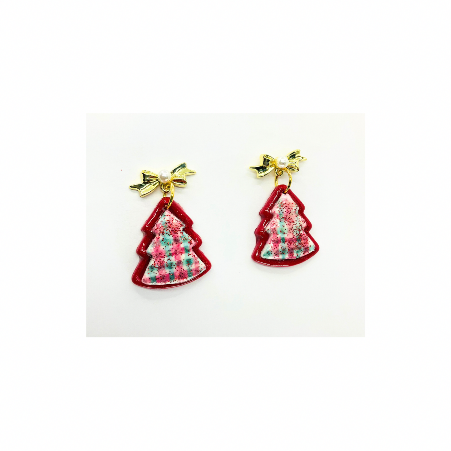 Sparkly Red Plaid Tree Dangle Earrings with Gold Bow Studs