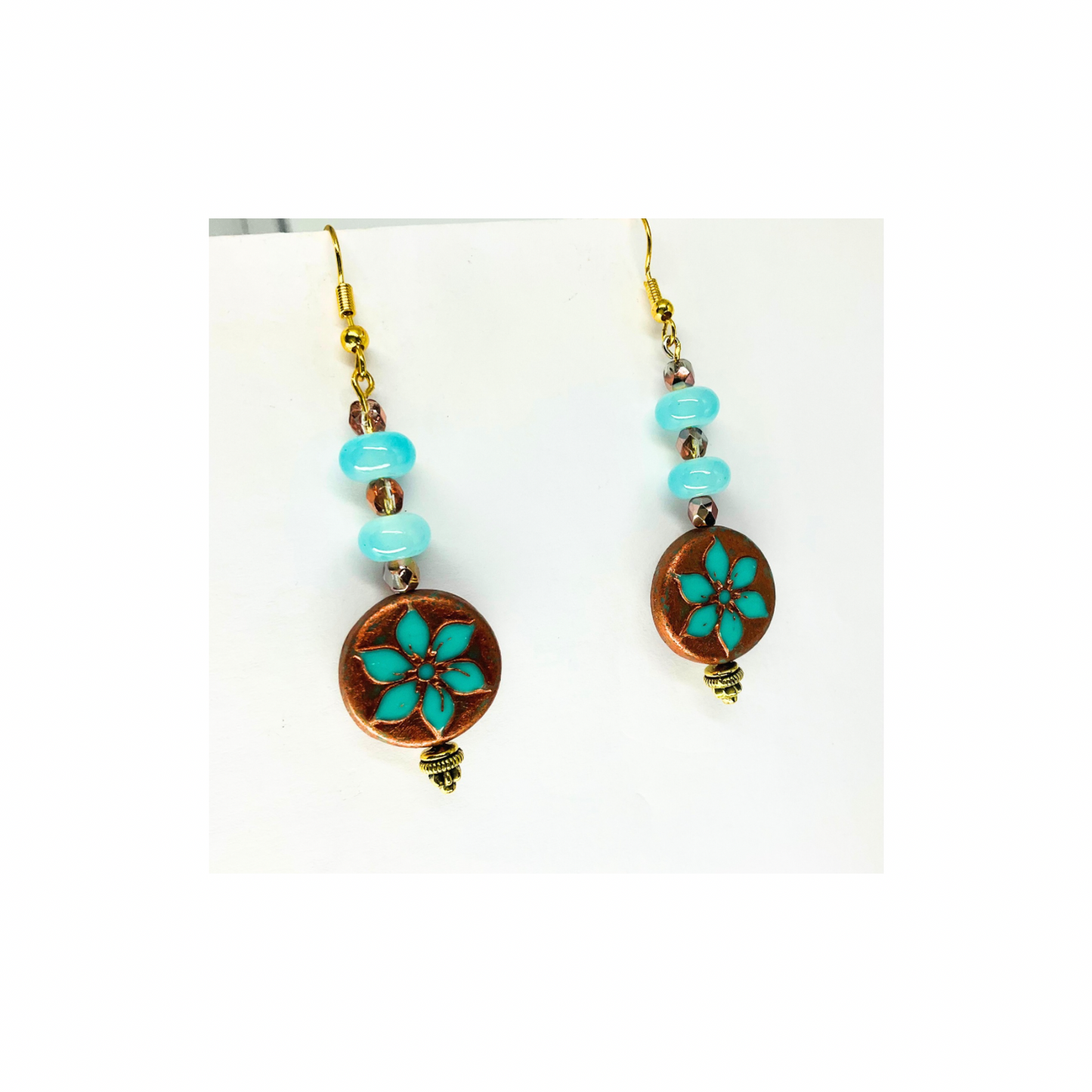 Dangle Earrings Bronze Round Blue Flower with Bead Accent