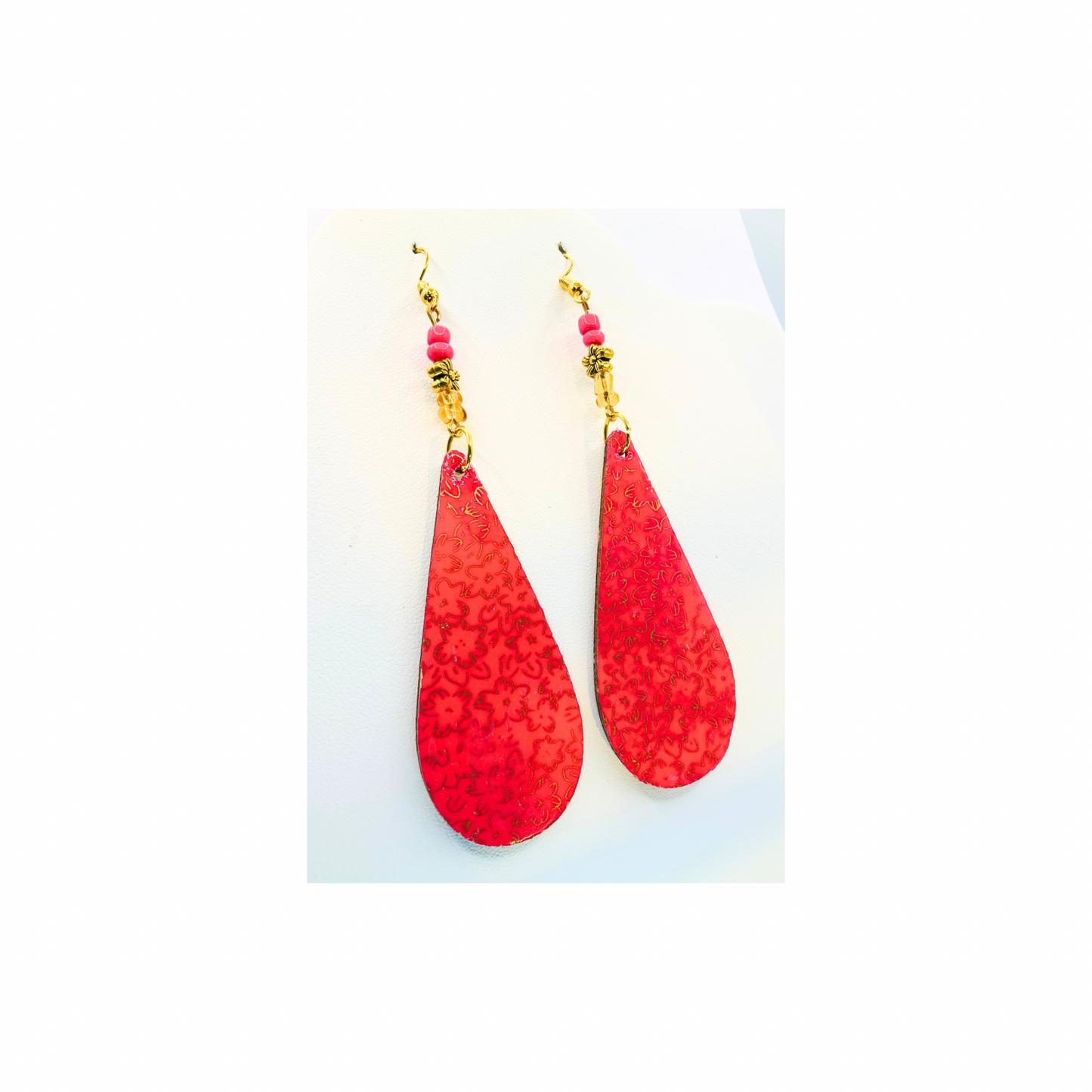Pink and Gold Long Teardrop Lightweight Wood Dangle Earring