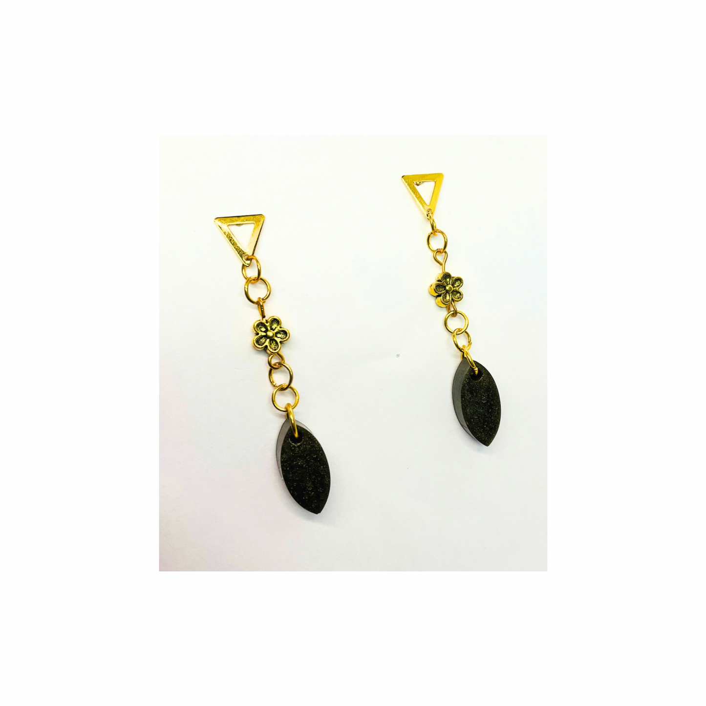 Dark Green Teardrop Stud Dangle Earrings with Gold Flower