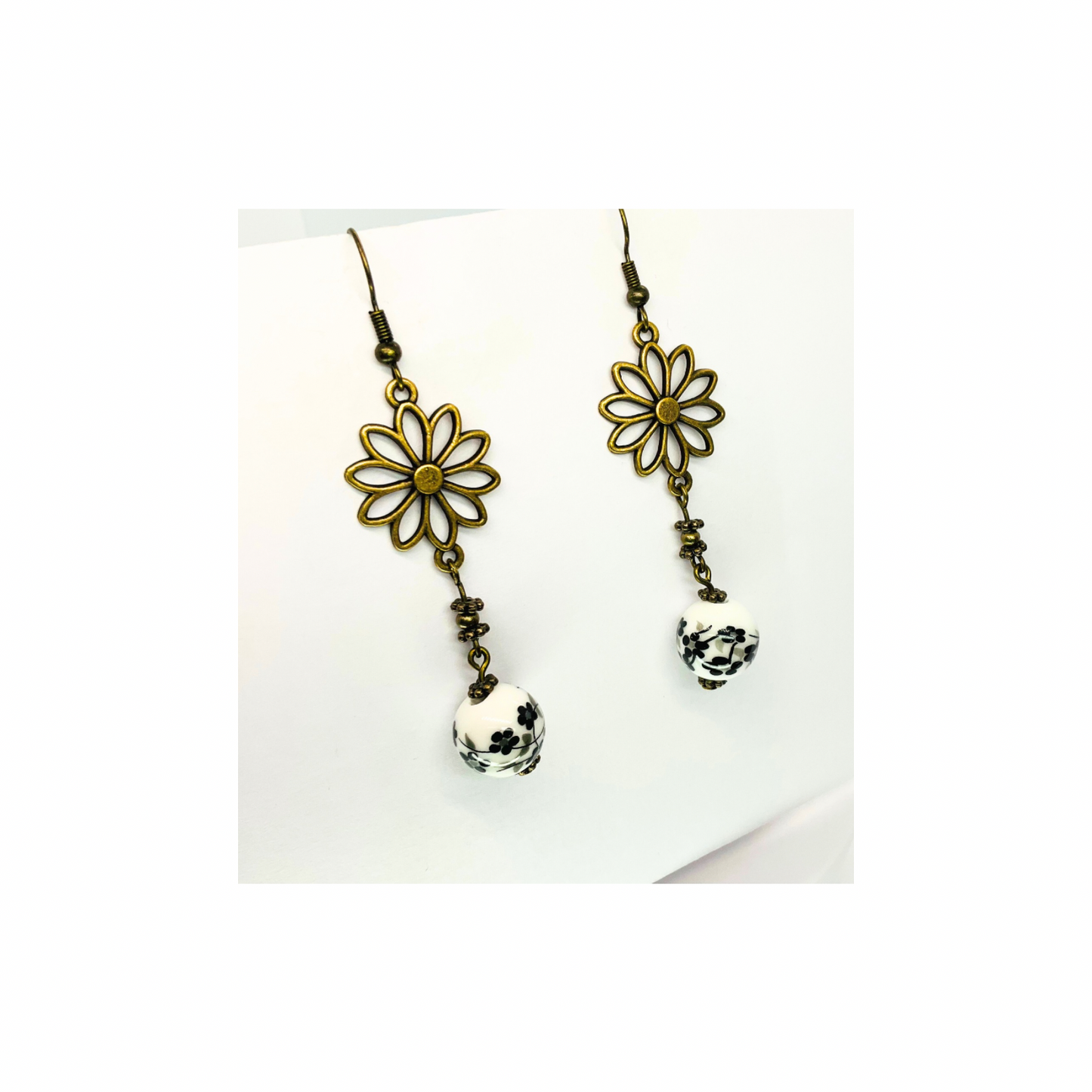 Porcelain Bead Collection Daisy Bronze Dangle Earrings with Floral Design and Porcelain Beads