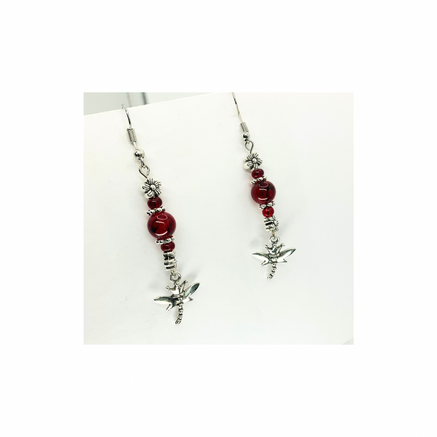 Red Crystal Glass Bead Dangle with Silver Dragonfly