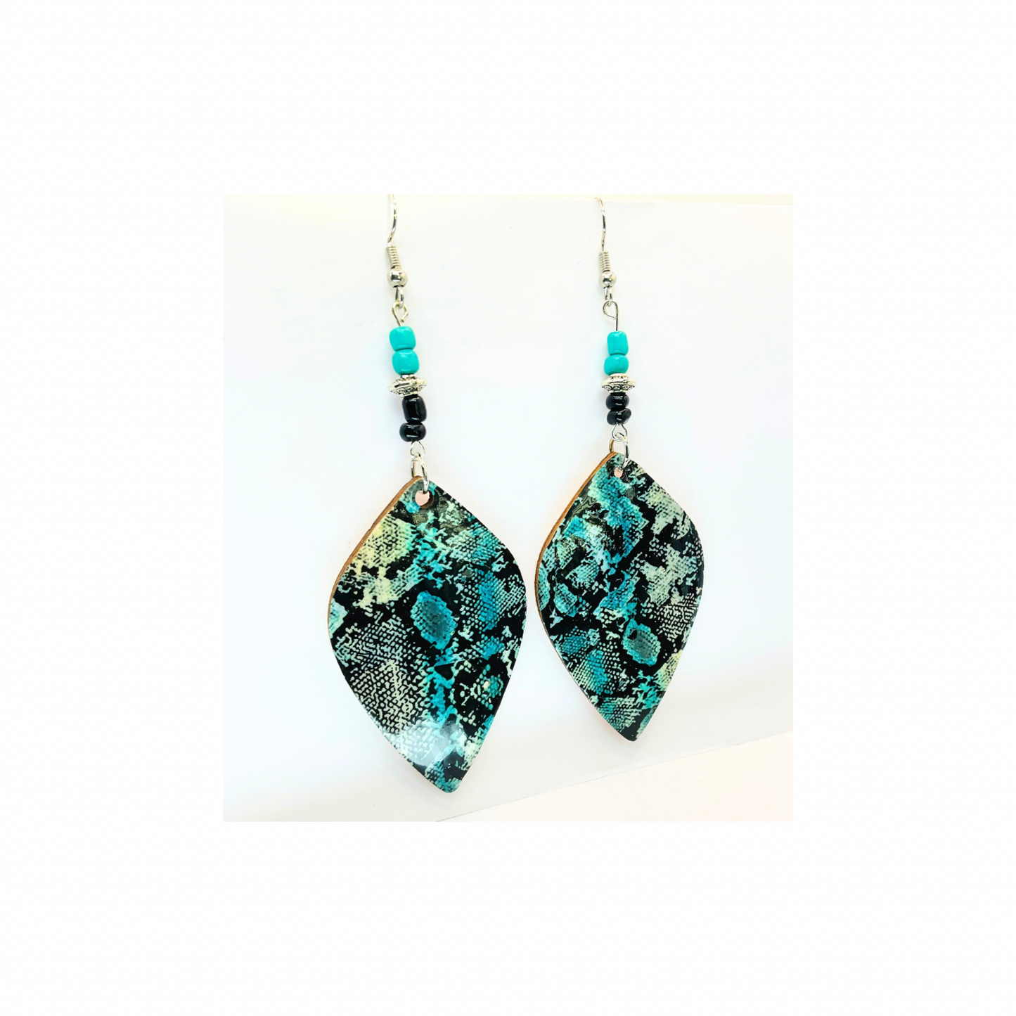 Turquoise and Black Snake Skin Lightweight Wood Dangle Earrings