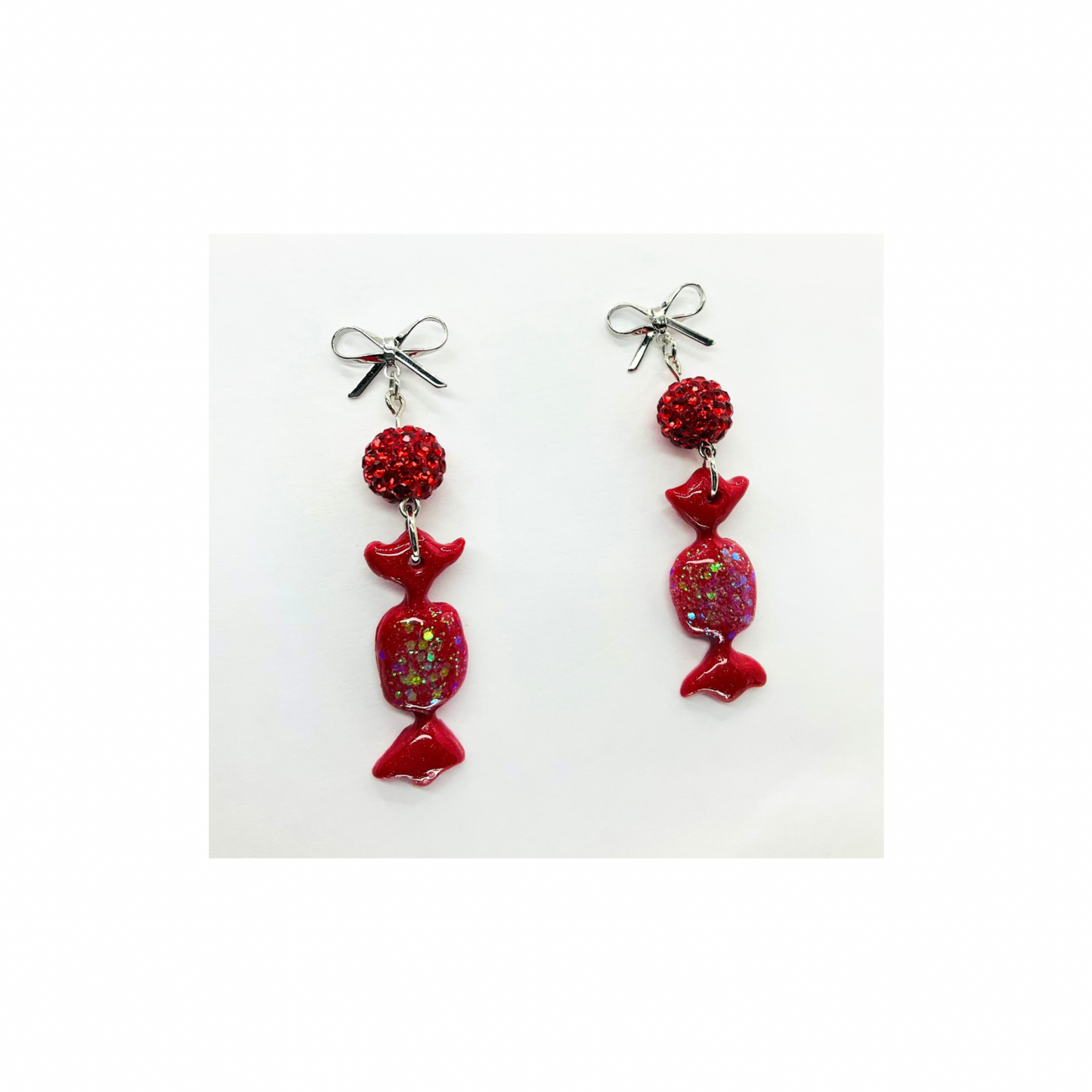 Red Wrapped Candy Earrings with Sparkle Beads and Silver Bow Studs Dangle Design for Festive Wear