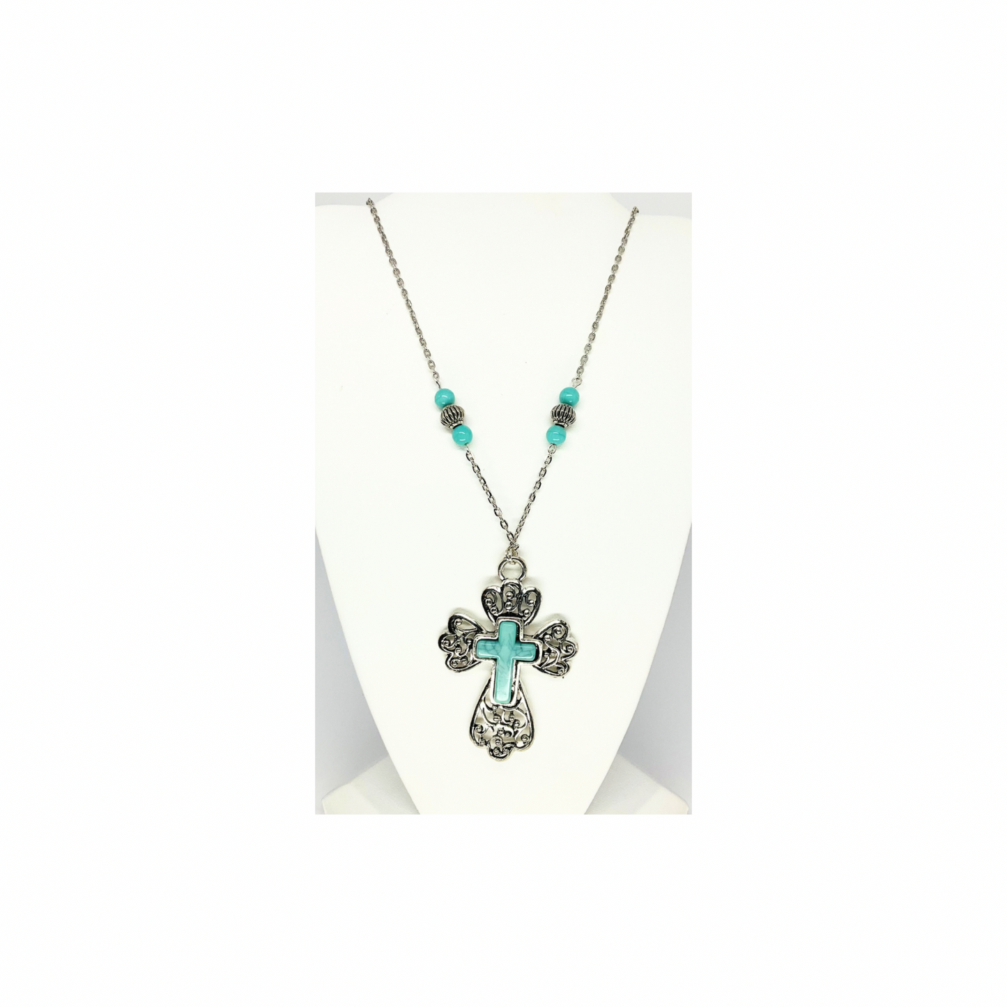Long Turquoise and Silver Cross Necklace|Drop Length 18-inch|Crafting By BB