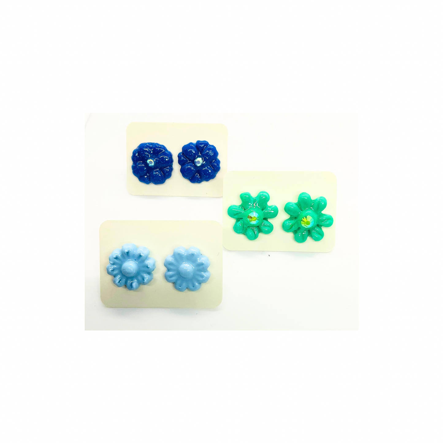 Stud Flower Earrings in Blue, Green and Navy Blue