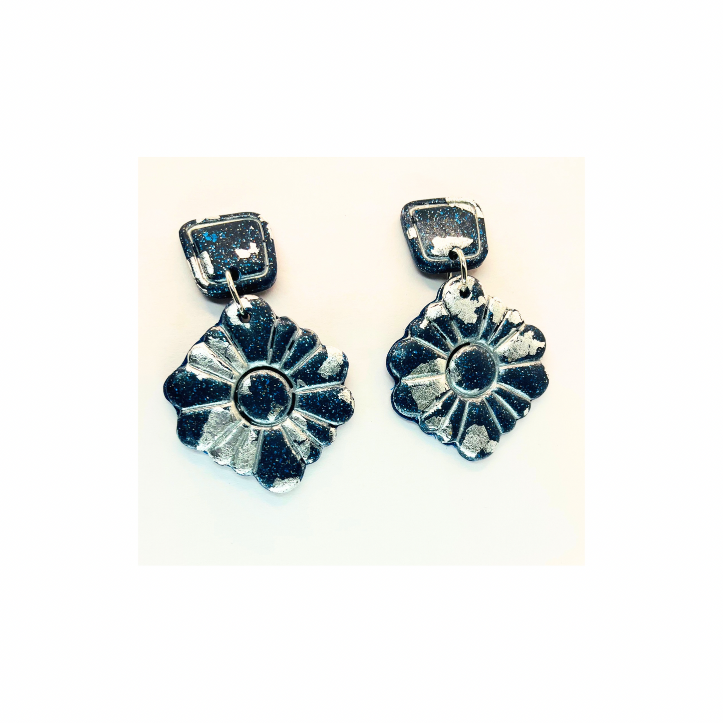 Navy and Silver Sparkle Dangle with Square Stud Earrings