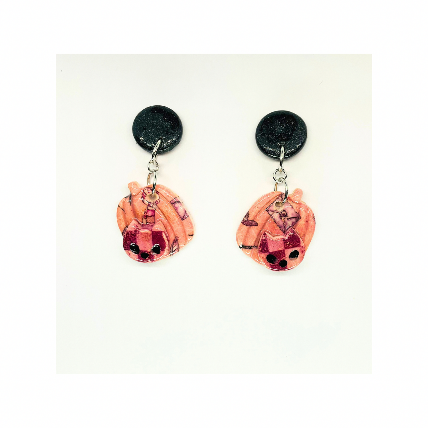 Wizard Collection Pumpkin with Cat Pink Dangle Earrings - Unique Design with Cat Accent