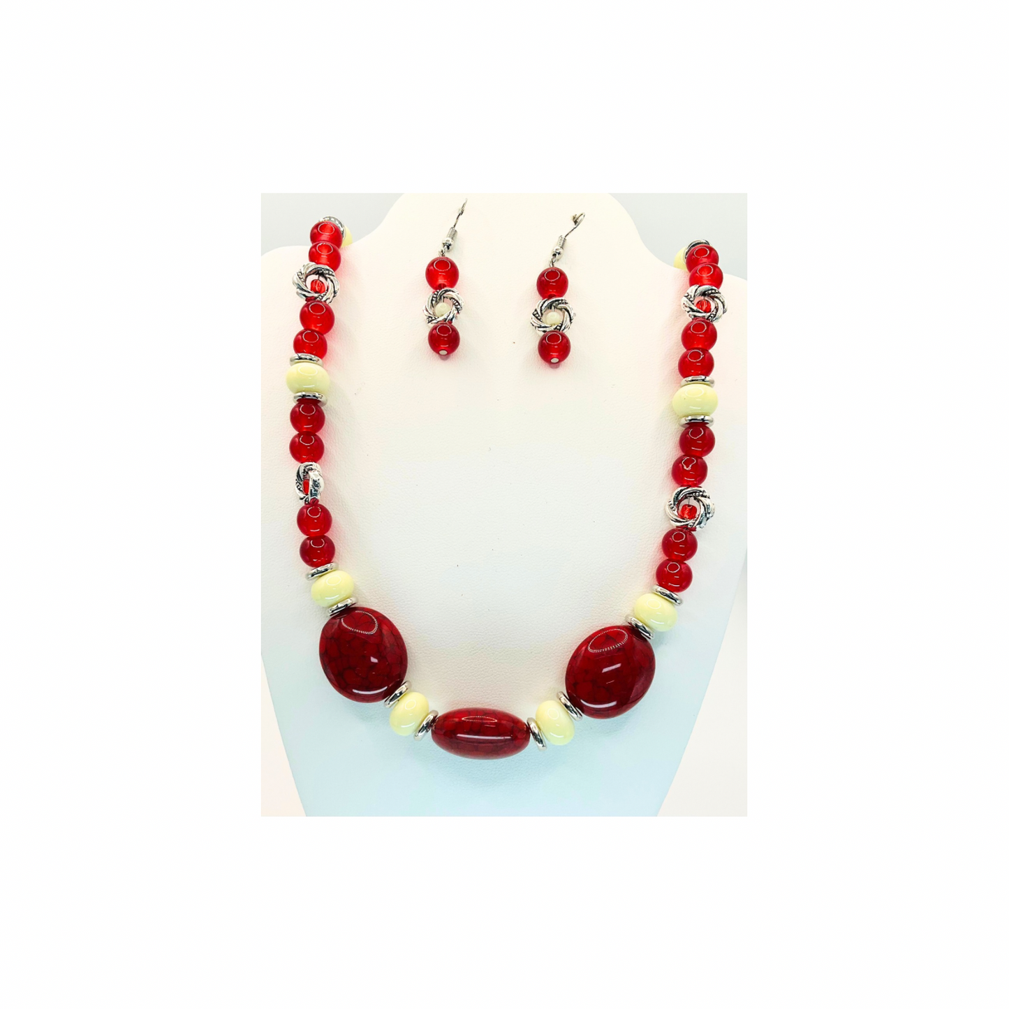 Crimson Red and Cream Beaded Necklace with Dangle Earring Set for Women's Fashion Jewelry
