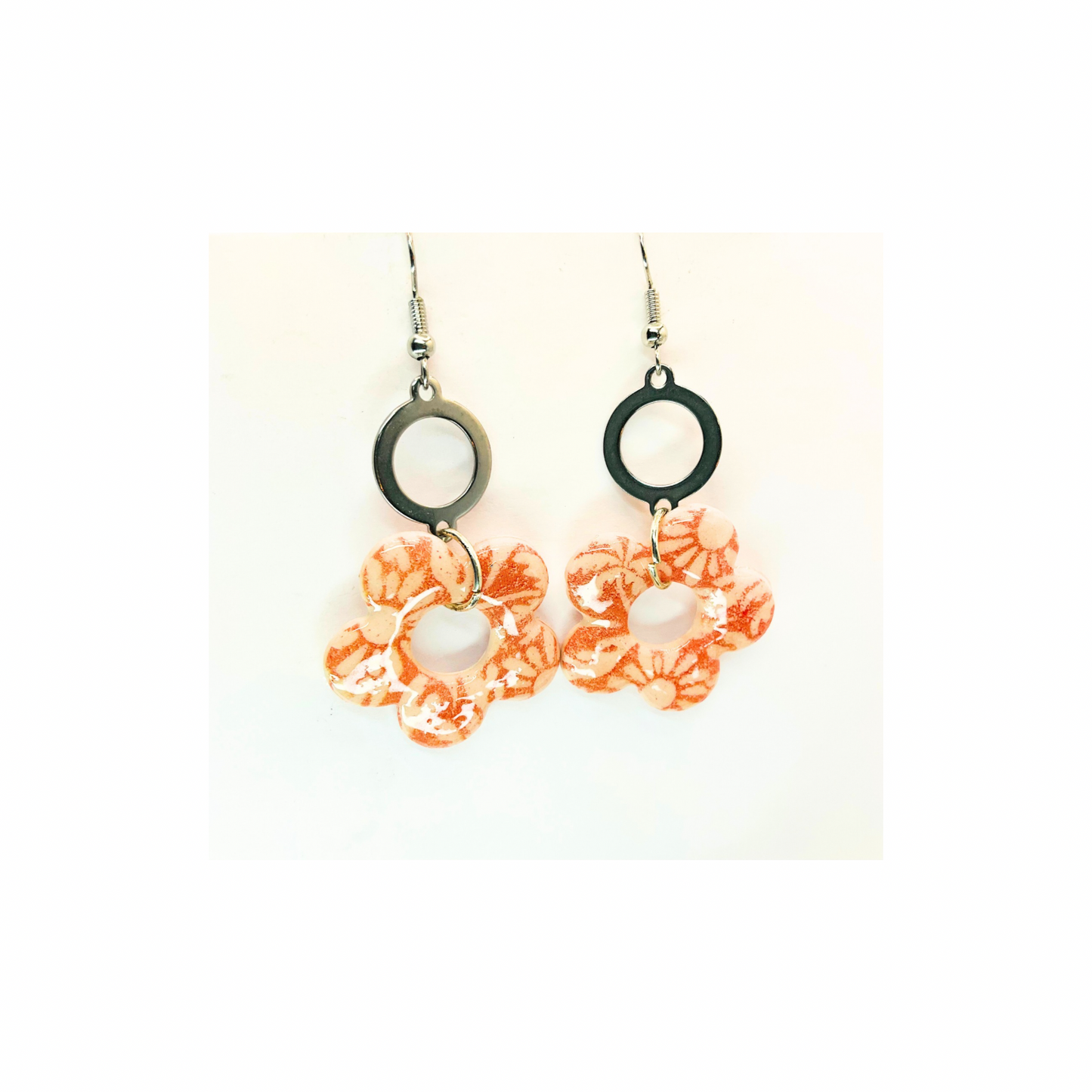 Beach Bloom Collection Salmon Flower with Silver Dangle Earrings